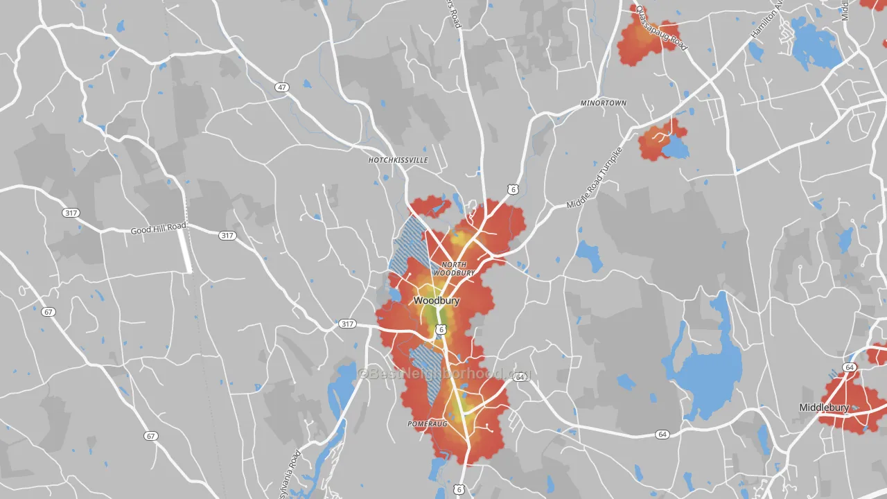 Walk Grade map of 06798, CT, walkable areas in green and car-dependent areas in red