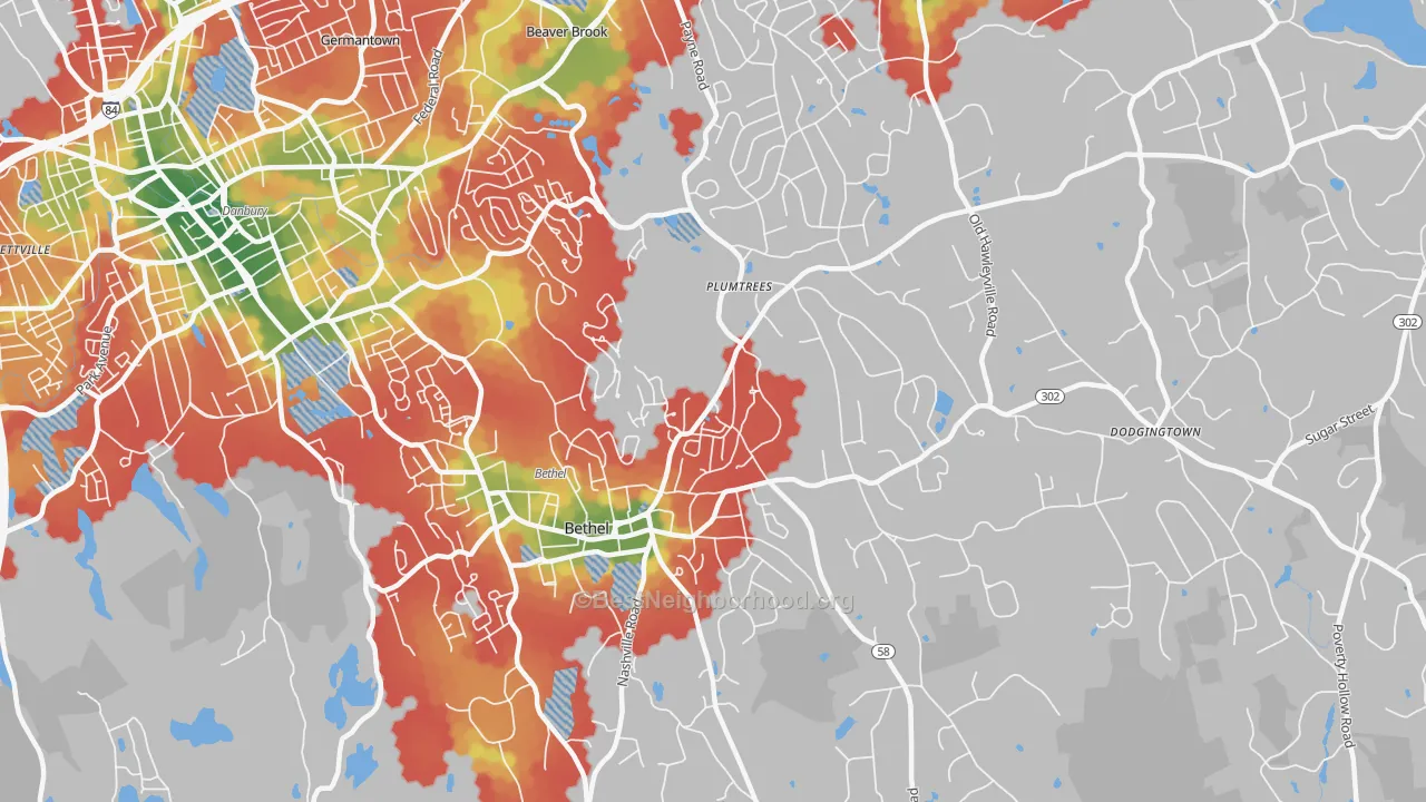 Walk Grade map of 06801, CT, walkable areas in green and car-dependent areas in red