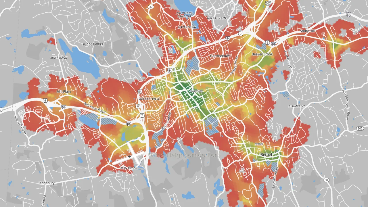 Walk Grade map of 06810, CT, walkable areas in green and car-dependent areas in red