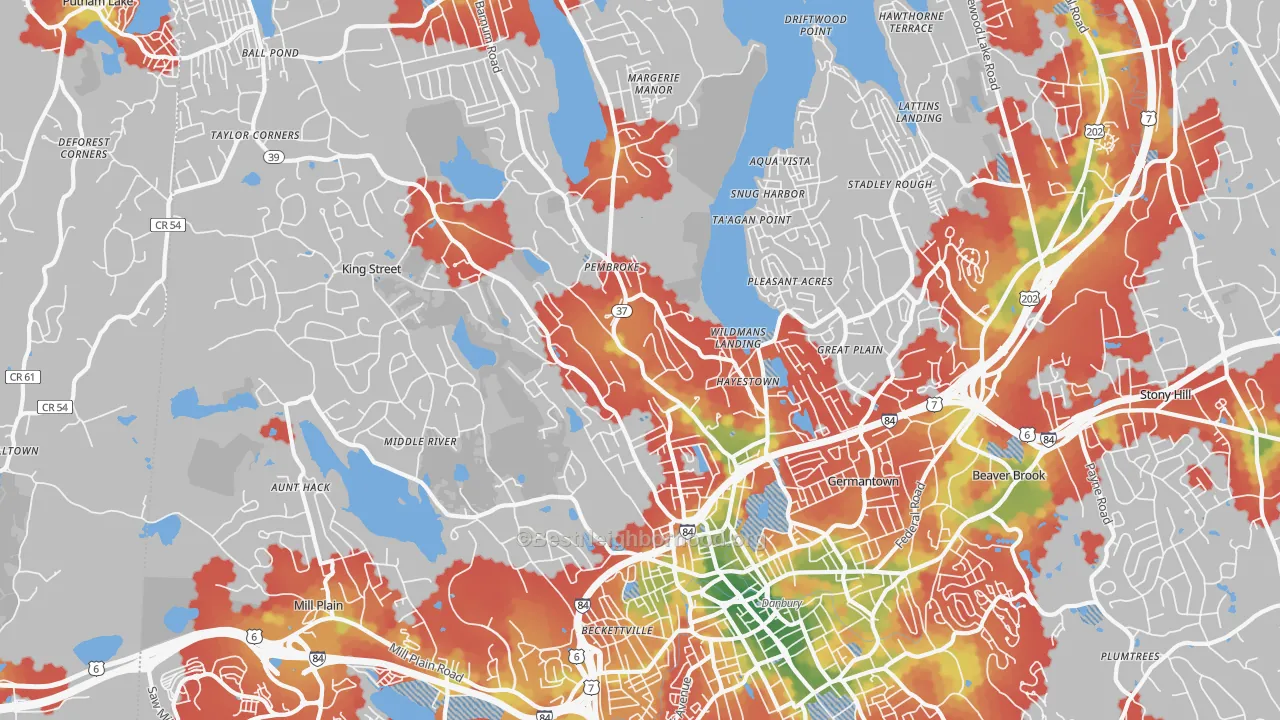 Walk Grade map of 06811, CT, walkable areas in green and car-dependent areas in red