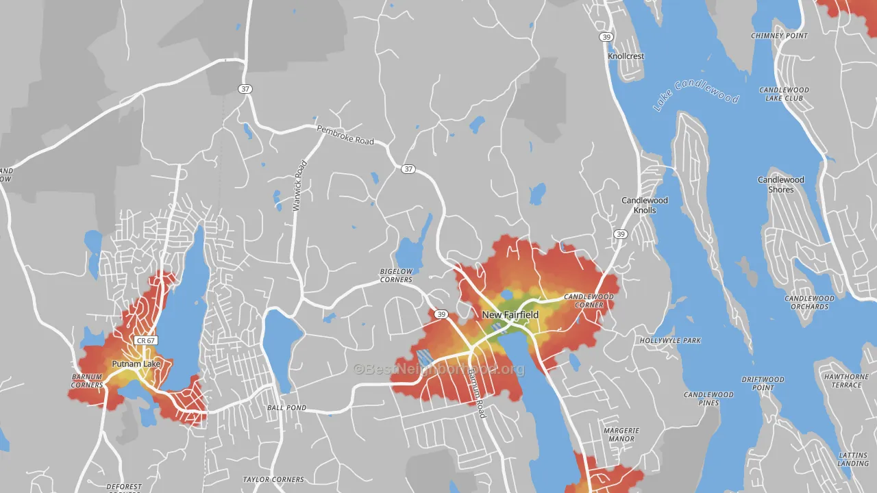 Walk Grade map of 06812, CT, walkable areas in green and car-dependent areas in red