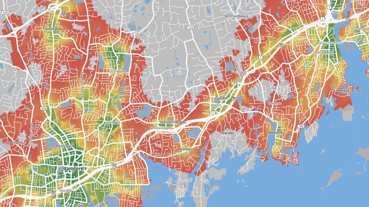 Walk Grade map of 06820, CT, walkable areas in green and car-dependent areas in red
