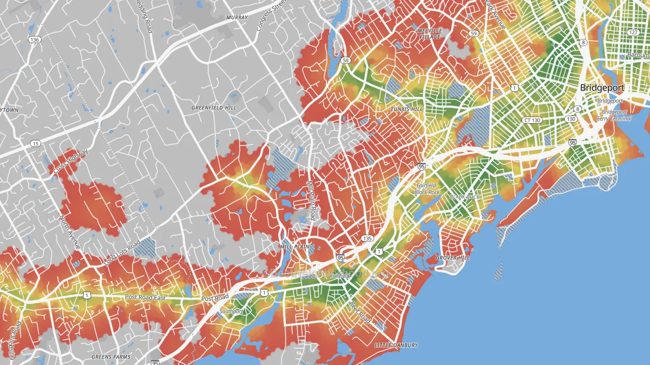 Walk Grade map of 06824, CT, walkable areas in green and car-dependent areas in red