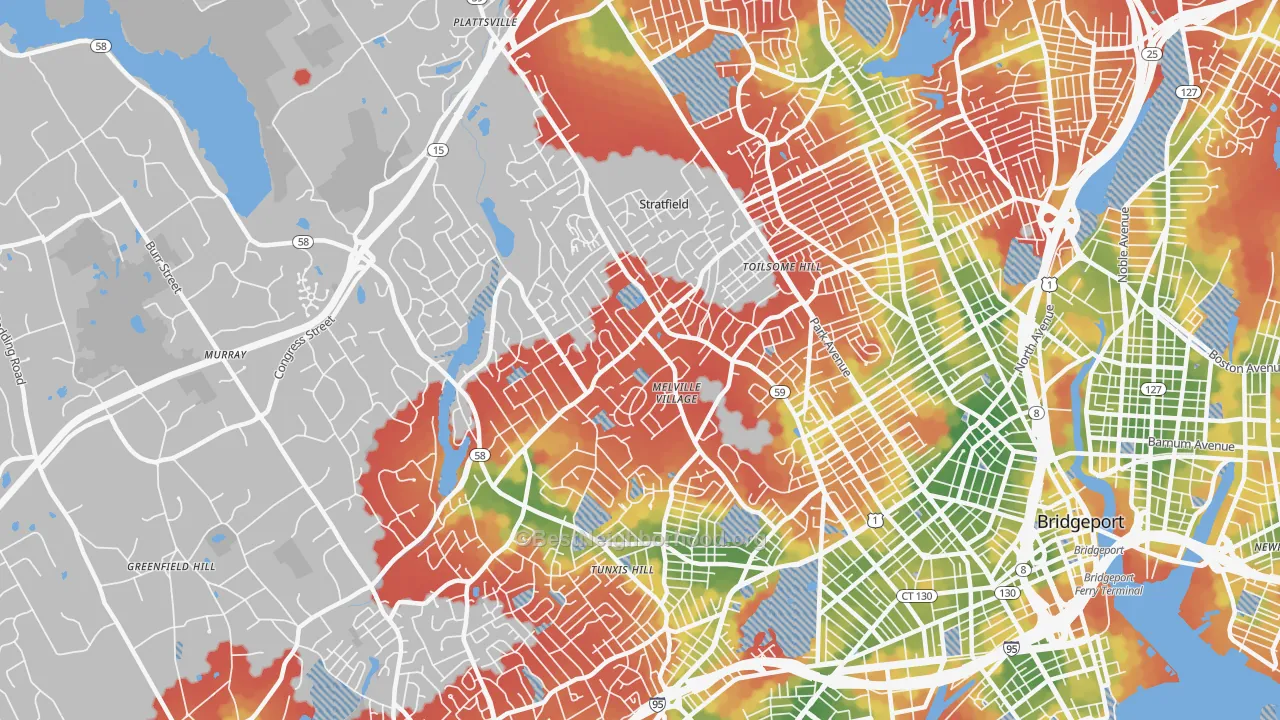 Walk Grade map of 06825, CT, walkable areas in green and car-dependent areas in red