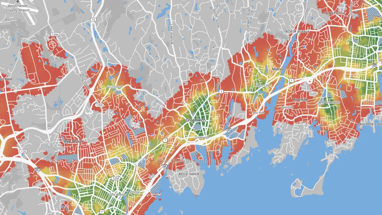 Walk Grade map of 06830, CT, walkable areas in green and car-dependent areas in red