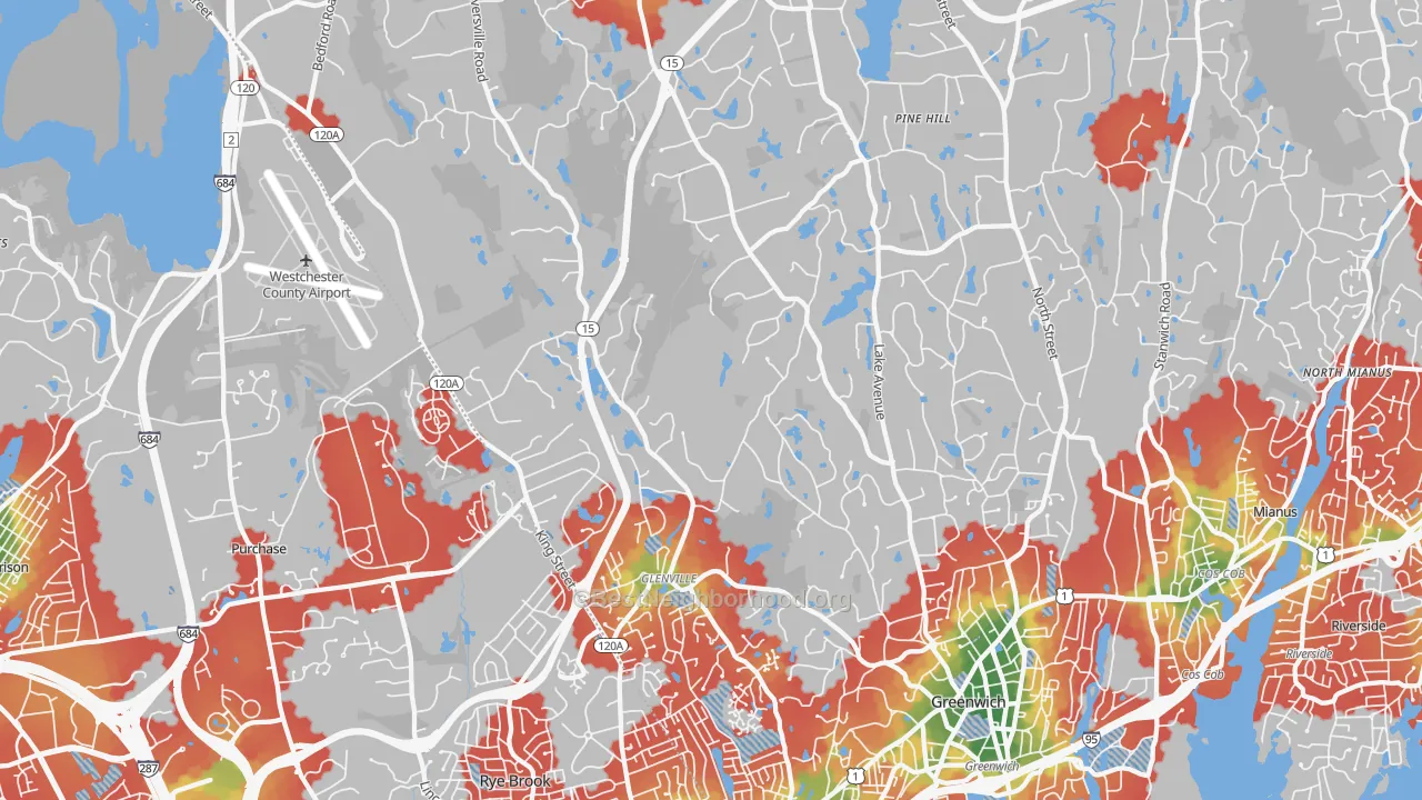 Walk Grade map of 06831, CT, walkable areas in green and car-dependent areas in red