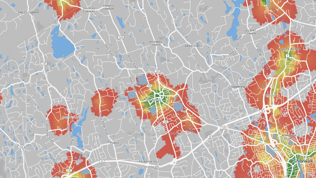 Walk Grade map of 06840, CT, walkable areas in green and car-dependent areas in red