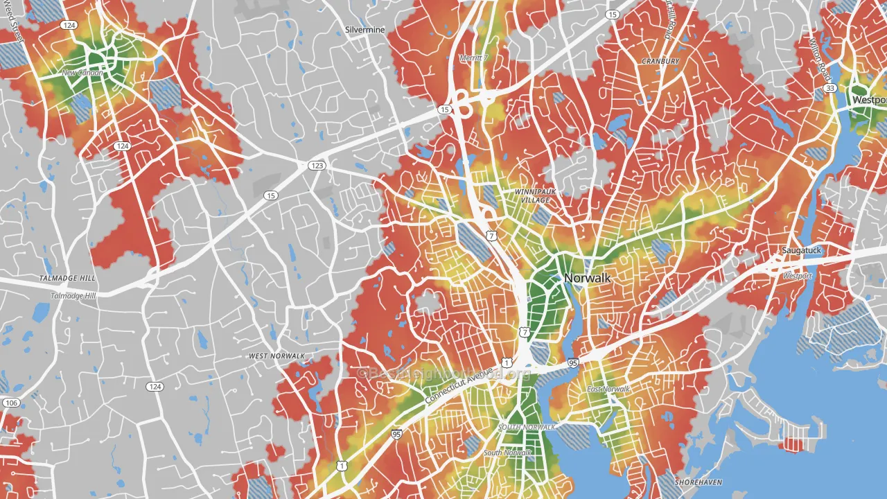 Walk Grade map of 06850, CT, walkable areas in green and car-dependent areas in red
