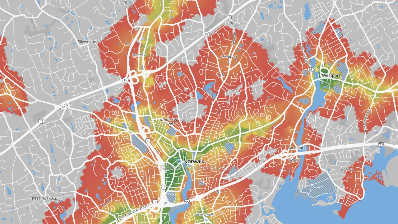Walk Grade map of 06851, CT, walkable areas in green and car-dependent areas in red