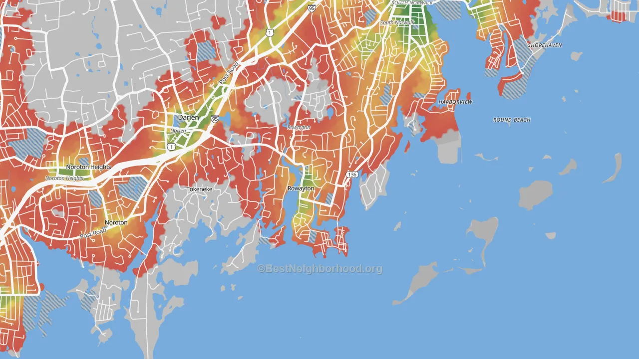 Walk Grade map of 06853, CT, walkable areas in green and car-dependent areas in red