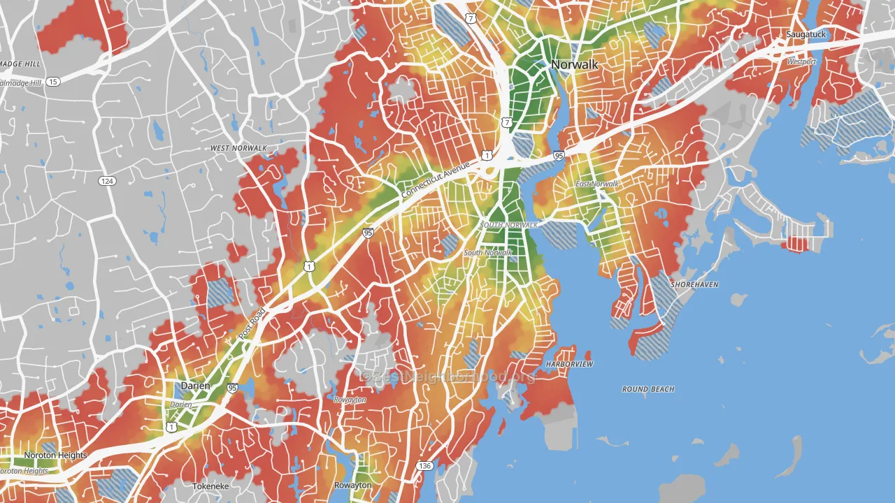 Walk Grade map of 06854, CT, walkable areas in green and car-dependent areas in red