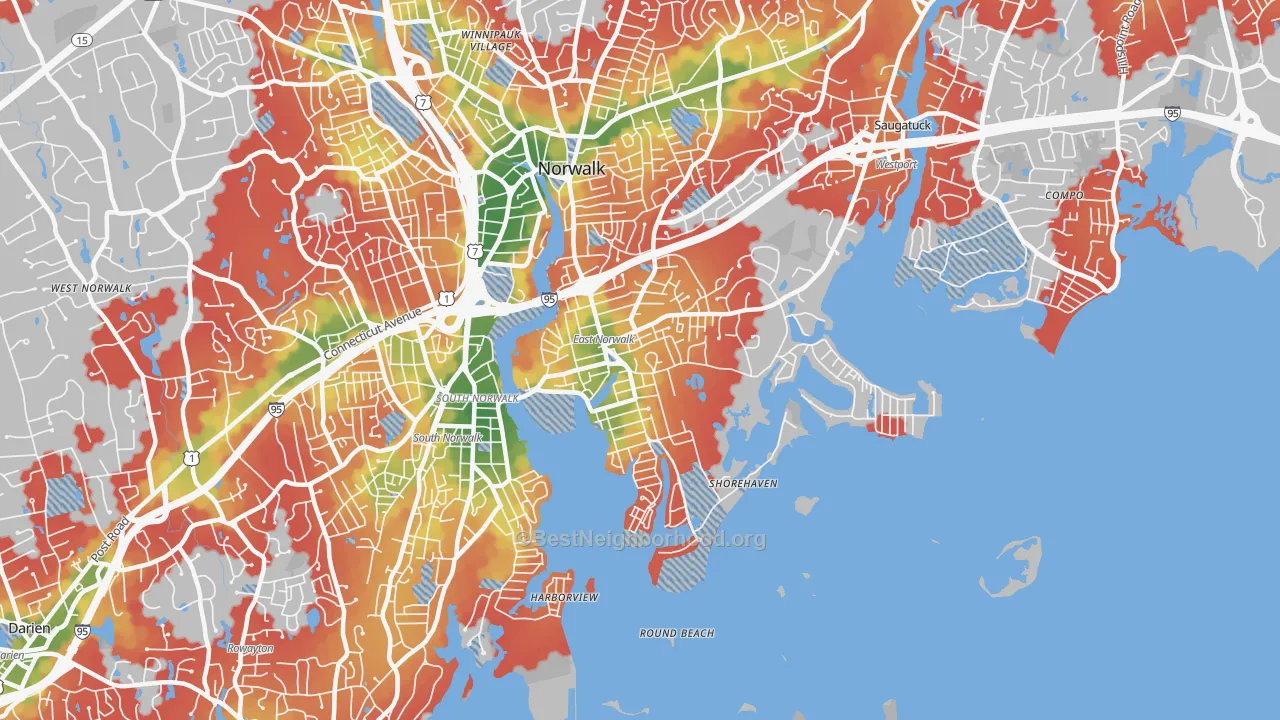 Walk Grade map of 06855, CT, walkable areas in green and car-dependent areas in red