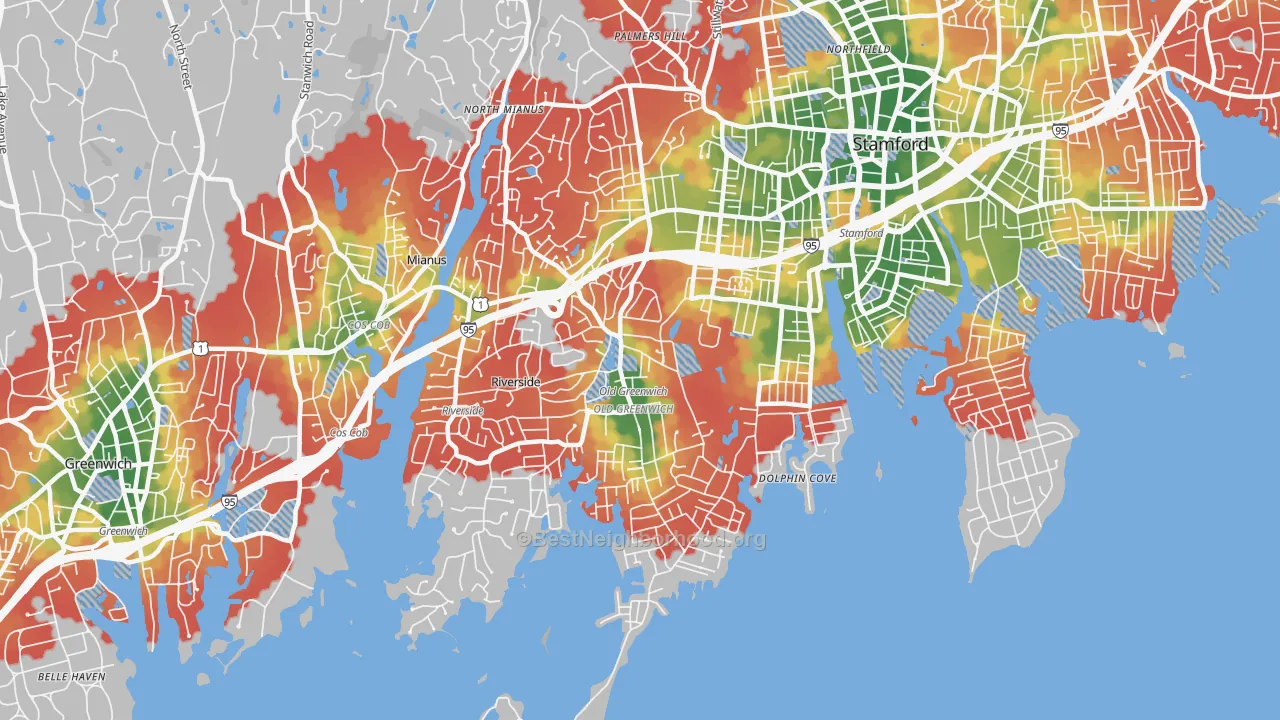 Walk Grade map of 06870, CT, walkable areas in green and car-dependent areas in red