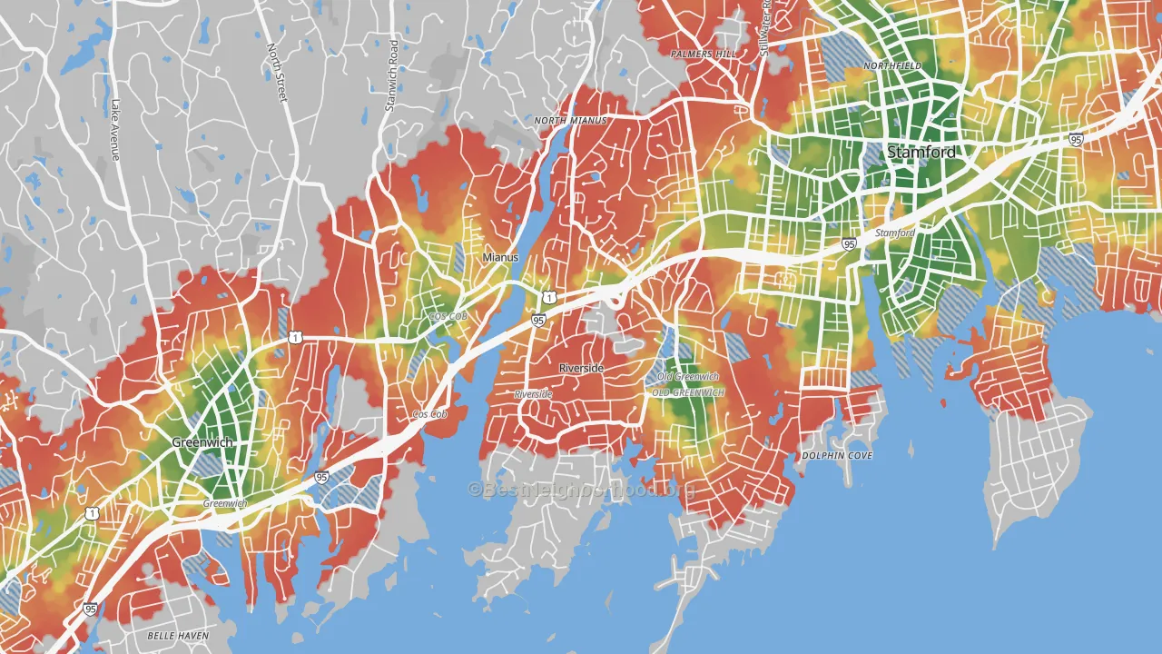 Walk Grade map of 06878, CT, walkable areas in green and car-dependent areas in red