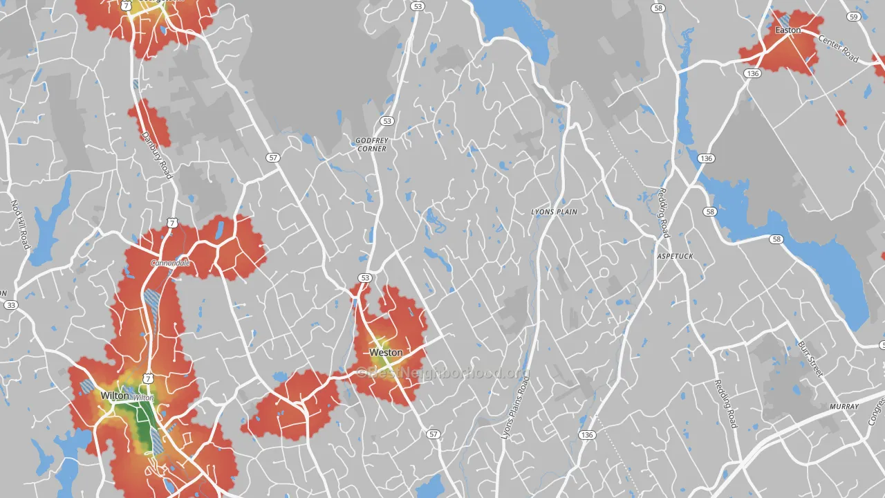 Walk Grade map of 06883, CT, walkable areas in green and car-dependent areas in red
