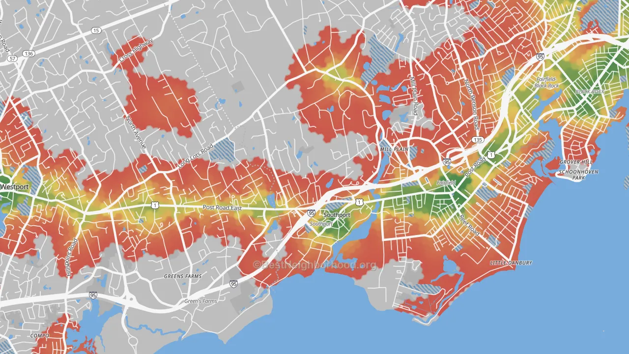 Walk Grade map of 06890, CT, walkable areas in green and car-dependent areas in red