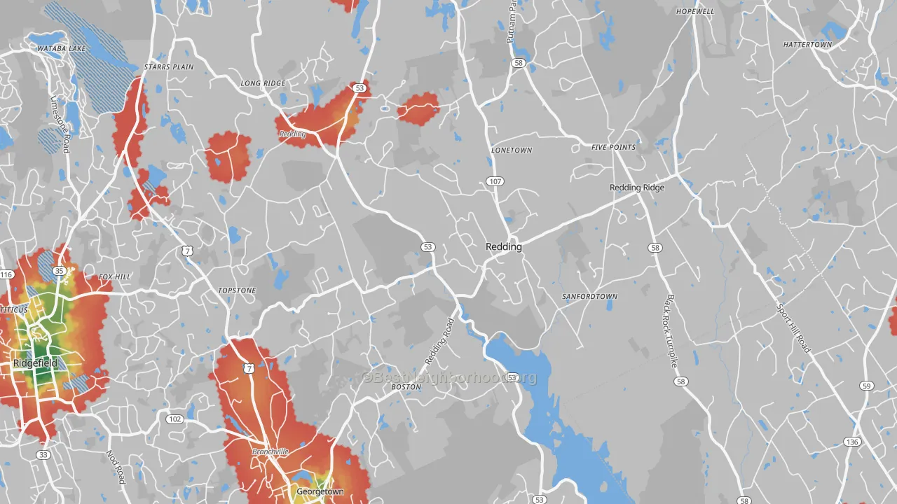 Walk Grade map of 06896, CT, walkable areas in green and car-dependent areas in red