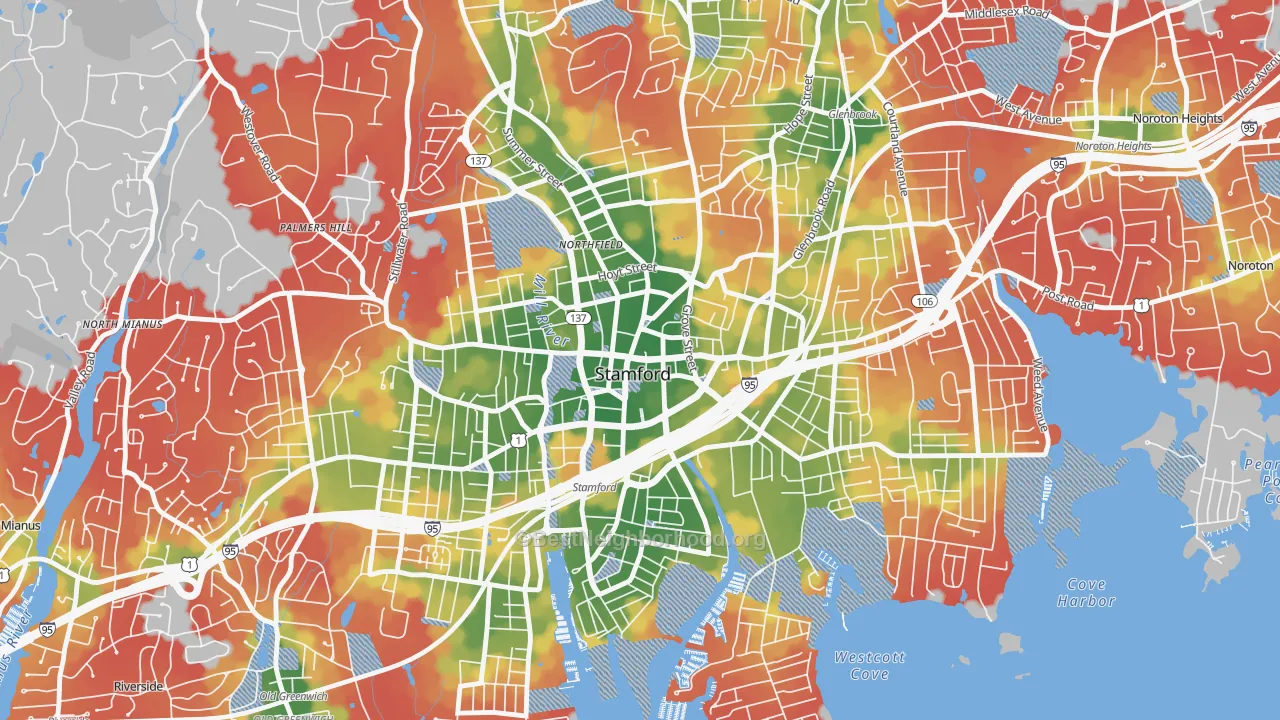Walk Grade map of 06901, CT, walkable areas in green and car-dependent areas in red