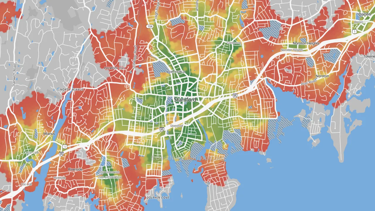 Walk Grade map of 06902, CT, walkable areas in green and car-dependent areas in red