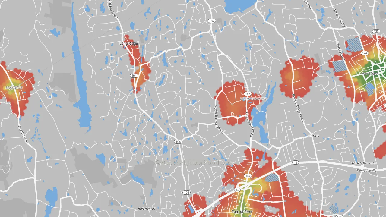 Walk Grade map of 06903, CT, walkable areas in green and car-dependent areas in red