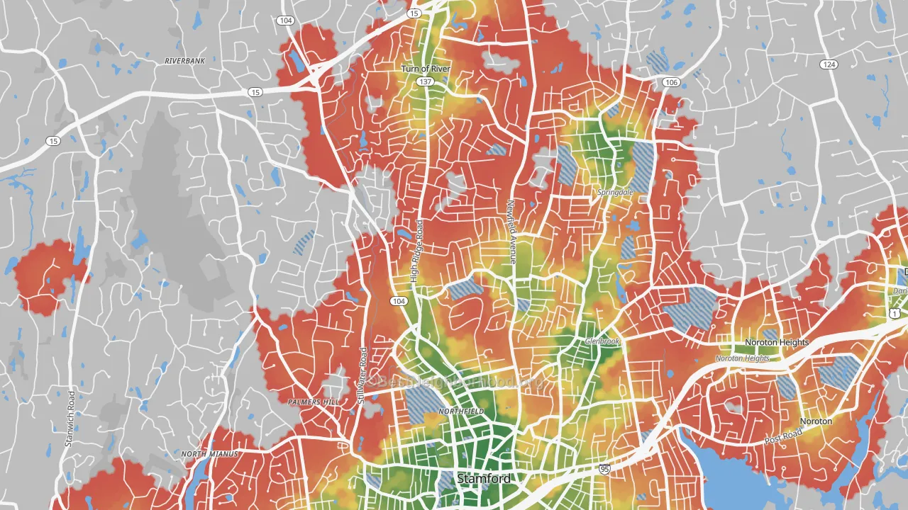 Walk Grade map of 06905, CT, walkable areas in green and car-dependent areas in red