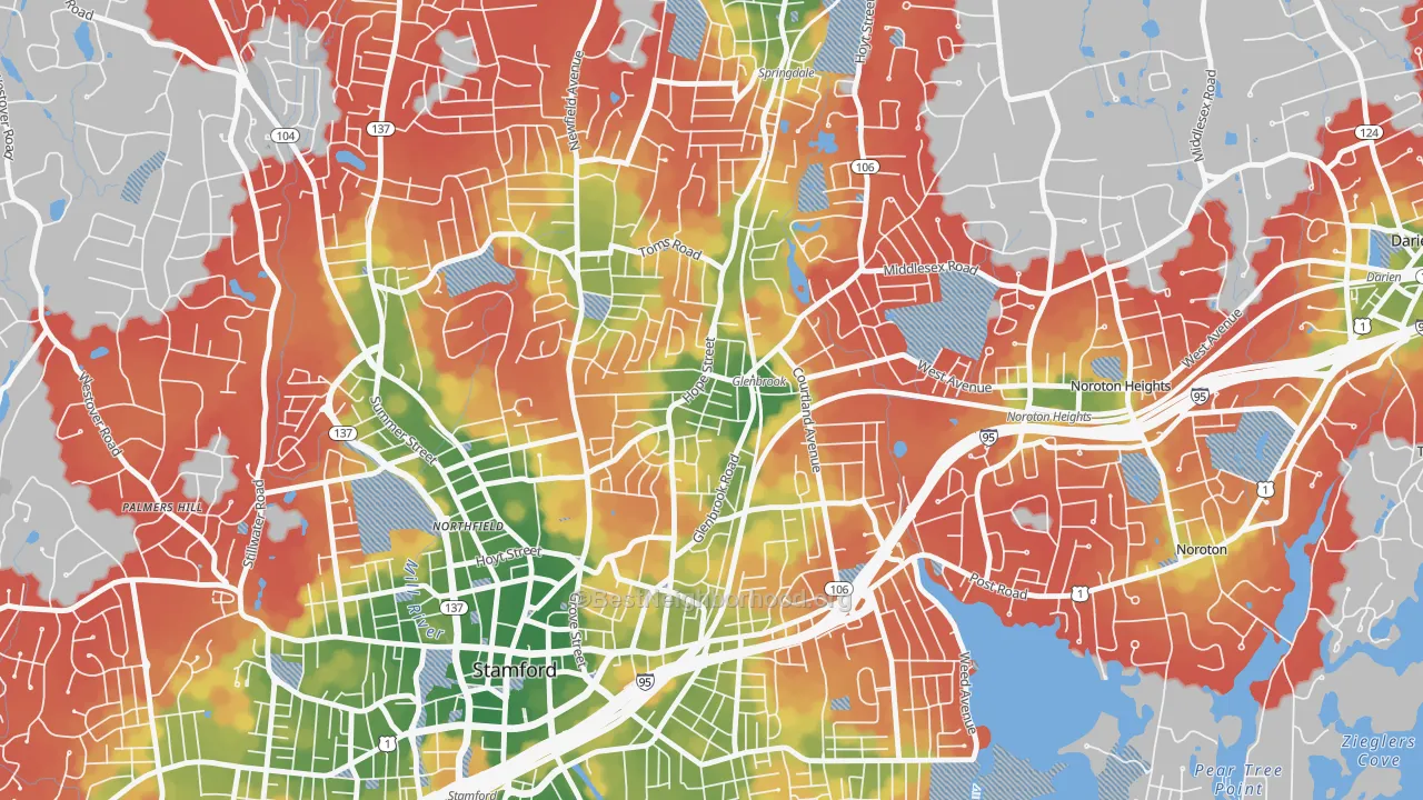 Walk Grade map of 06906, CT, walkable areas in green and car-dependent areas in red