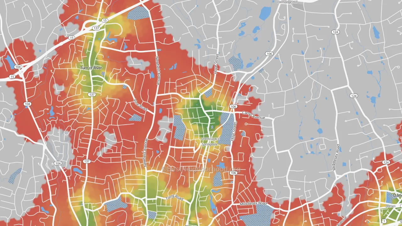 Walk Grade map of 06907, CT, walkable areas in green and car-dependent areas in red