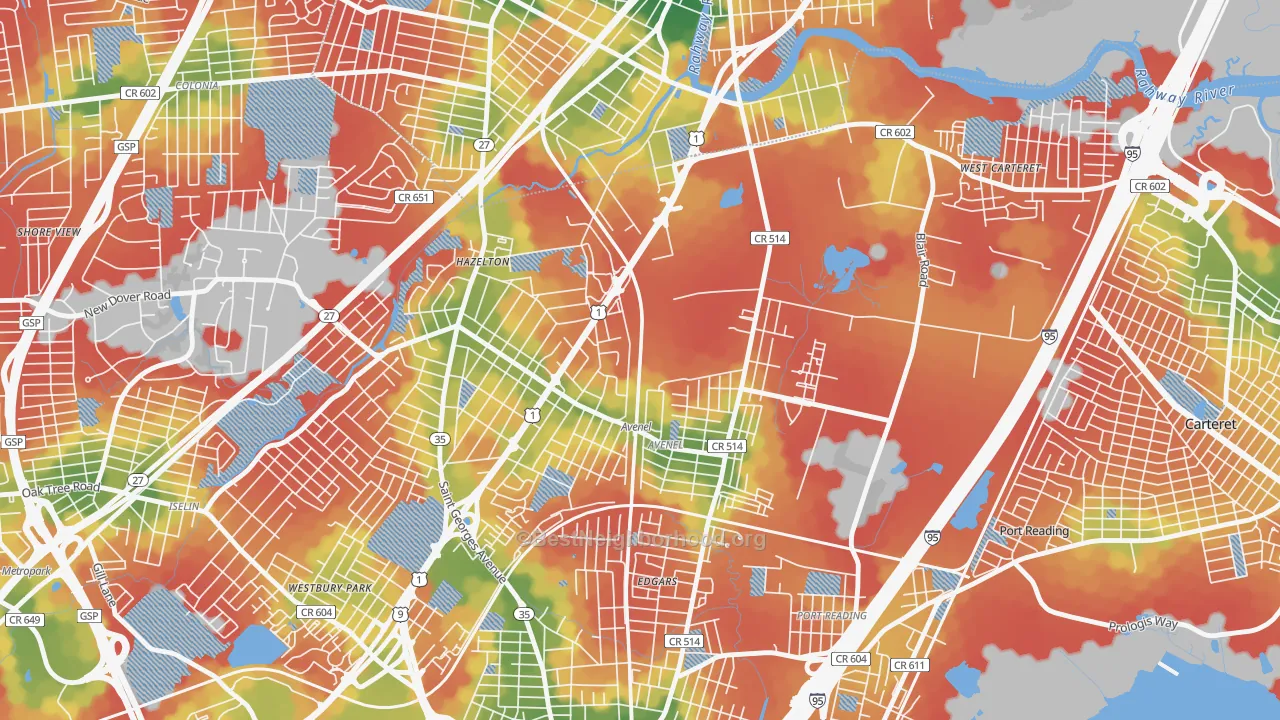 Walk Grade map of 07001, NJ, walkable areas in green and car-dependent areas in red