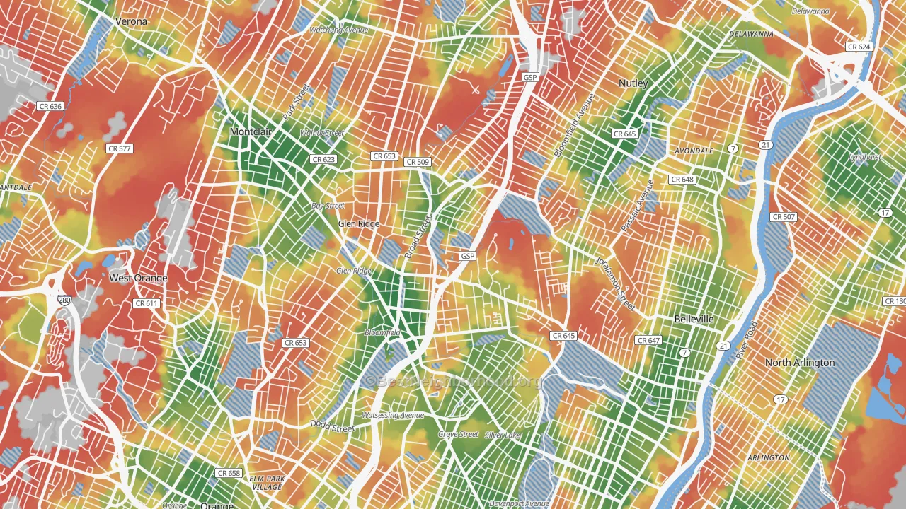 Walk Grade map of 07003, NJ, walkable areas in green and car-dependent areas in red