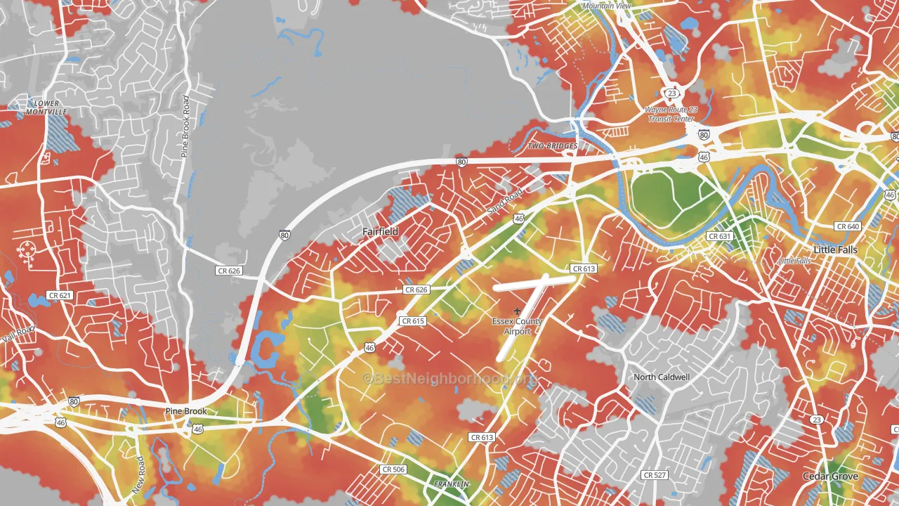 Walk Grade map of 07004, NJ, walkable areas in green and car-dependent areas in red