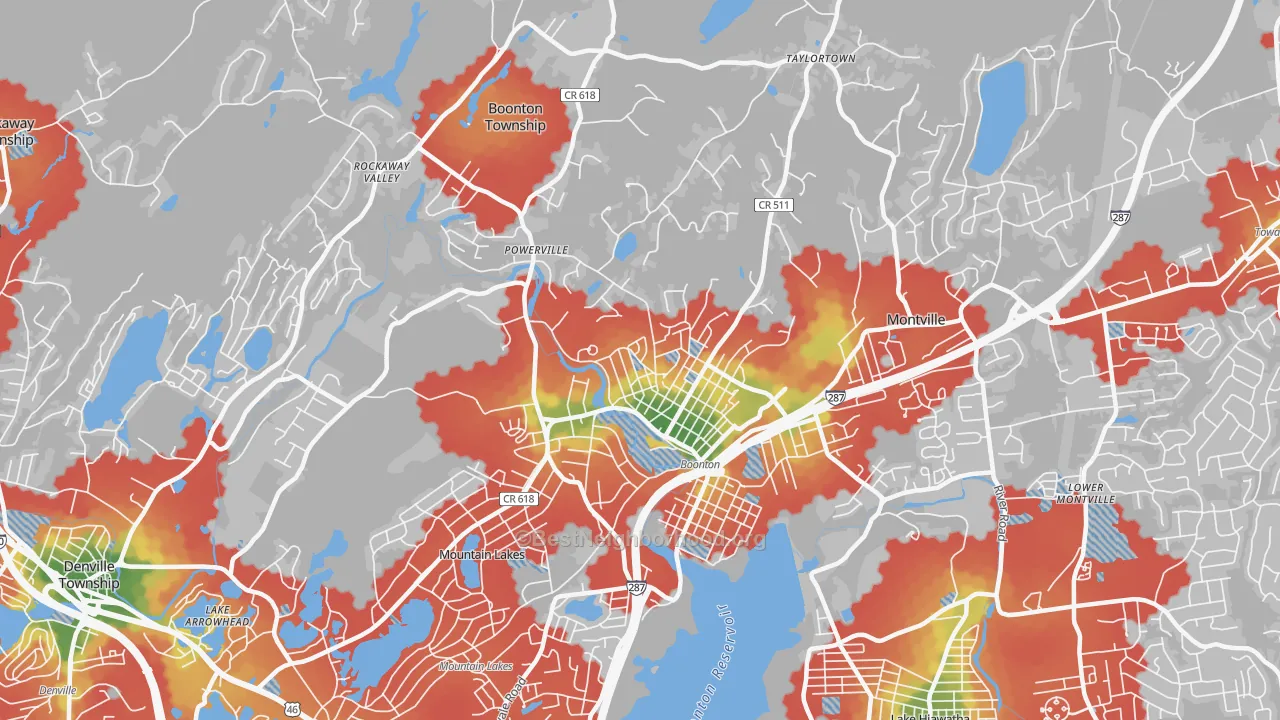 Walk Grade map of 07005, NJ, walkable areas in green and car-dependent areas in red