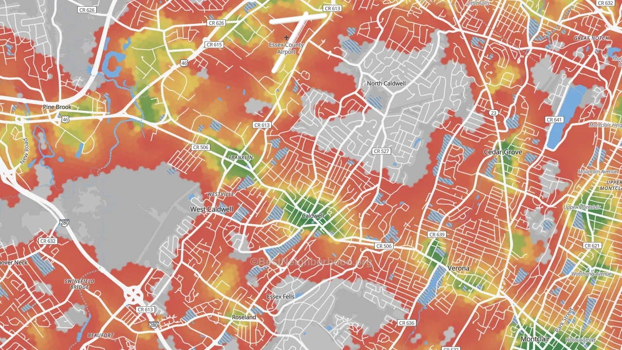 Walk Grade map of 07006, NJ, walkable areas in green and car-dependent areas in red