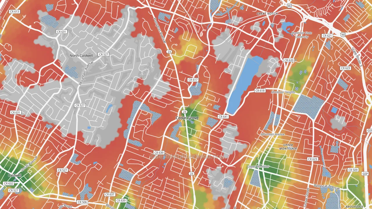 Walk Grade map of 07009, NJ, walkable areas in green and car-dependent areas in red