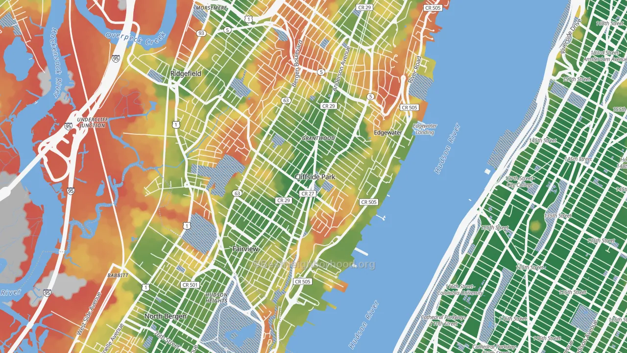 Walk Grade map of 07010, NJ, walkable areas in green and car-dependent areas in red
