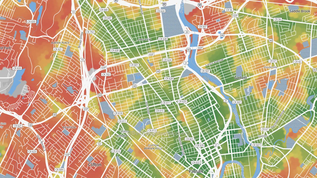 Walk Grade map of 07011, NJ, walkable areas in green and car-dependent areas in red