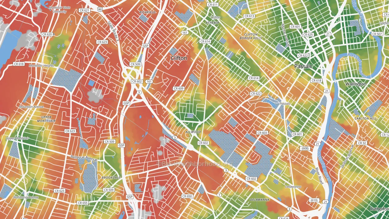 Walk Grade map of 07012, NJ, walkable areas in green and car-dependent areas in red