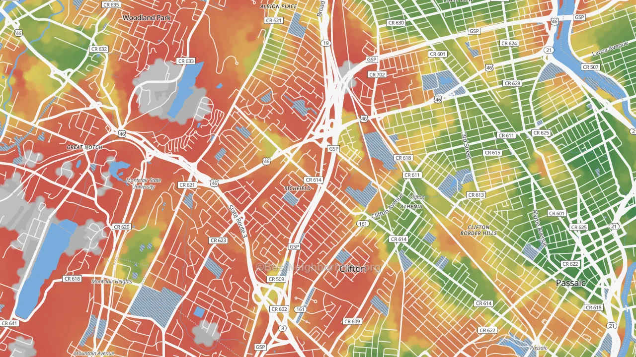 Walk Grade map of 07013, NJ, walkable areas in green and car-dependent areas in red