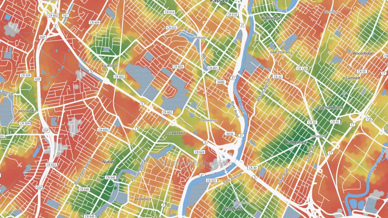 Walk Grade map of 07014, NJ, walkable areas in green and car-dependent areas in red