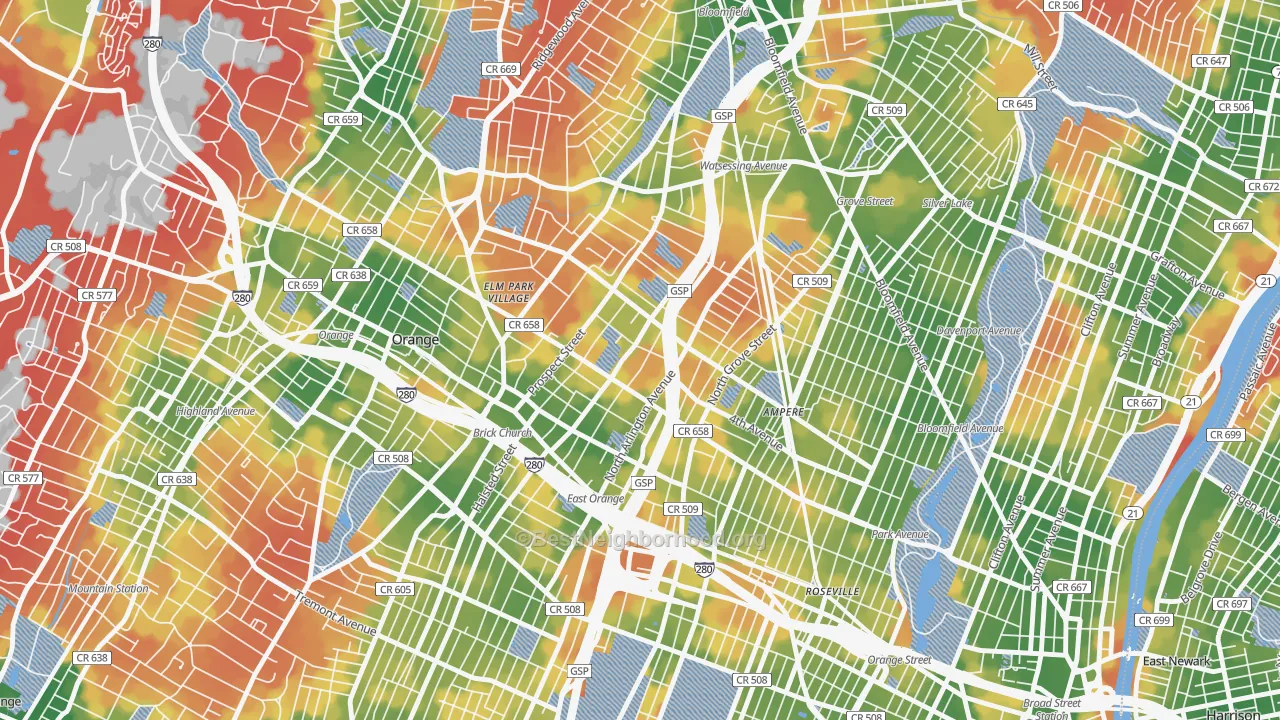 Walk Grade map of 07017, NJ, walkable areas in green and car-dependent areas in red