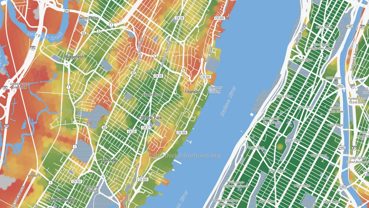 Walk Grade map of 07020, NJ, walkable areas in green and car-dependent areas in red