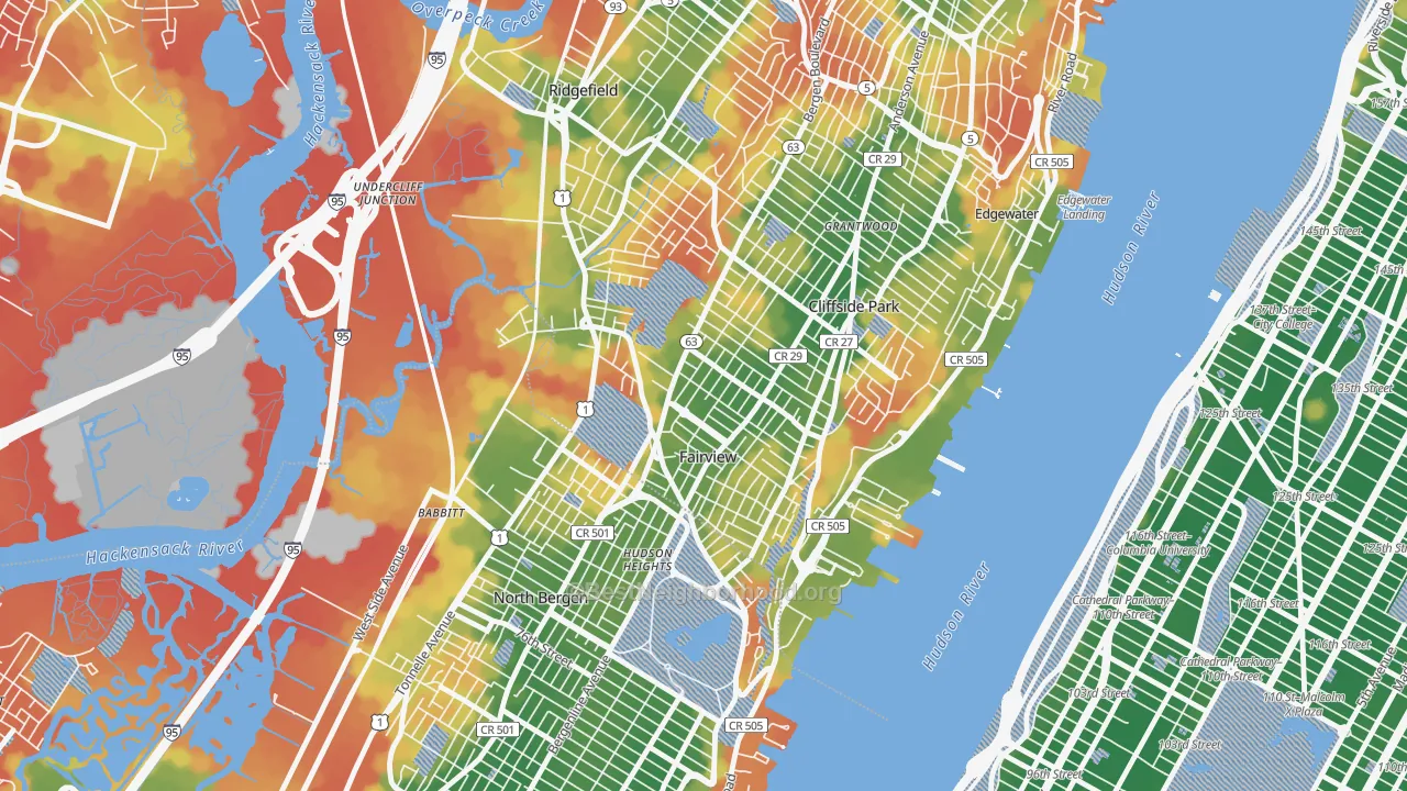 Walk Grade map of 07022, NJ, walkable areas in green and car-dependent areas in red