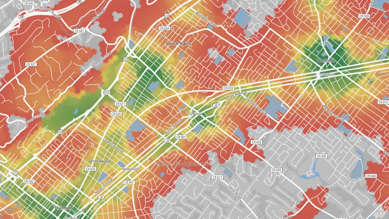 Walk Grade map of 07023, NJ, walkable areas in green and car-dependent areas in red