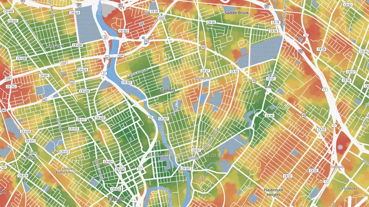 Walk Grade map of 07026, NJ, walkable areas in green and car-dependent areas in red