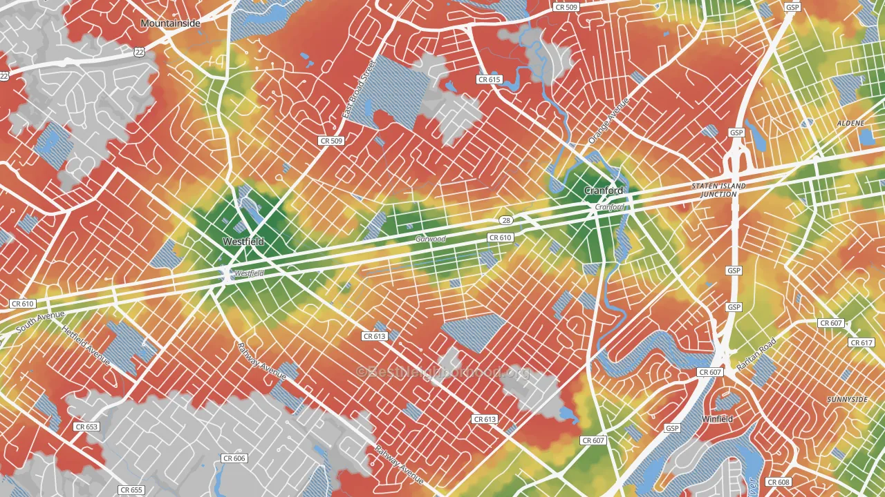 Walk Grade map of 07027, NJ, walkable areas in green and car-dependent areas in red