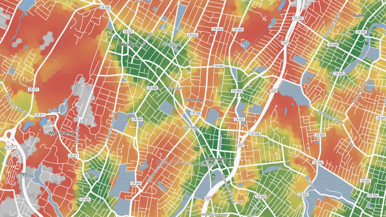 Walk Grade map of 07028, NJ, walkable areas in green and car-dependent areas in red