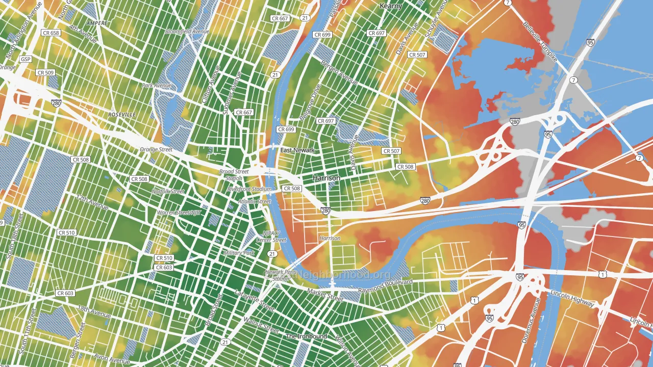 Walk Grade map of 07029, NJ, walkable areas in green and car-dependent areas in red