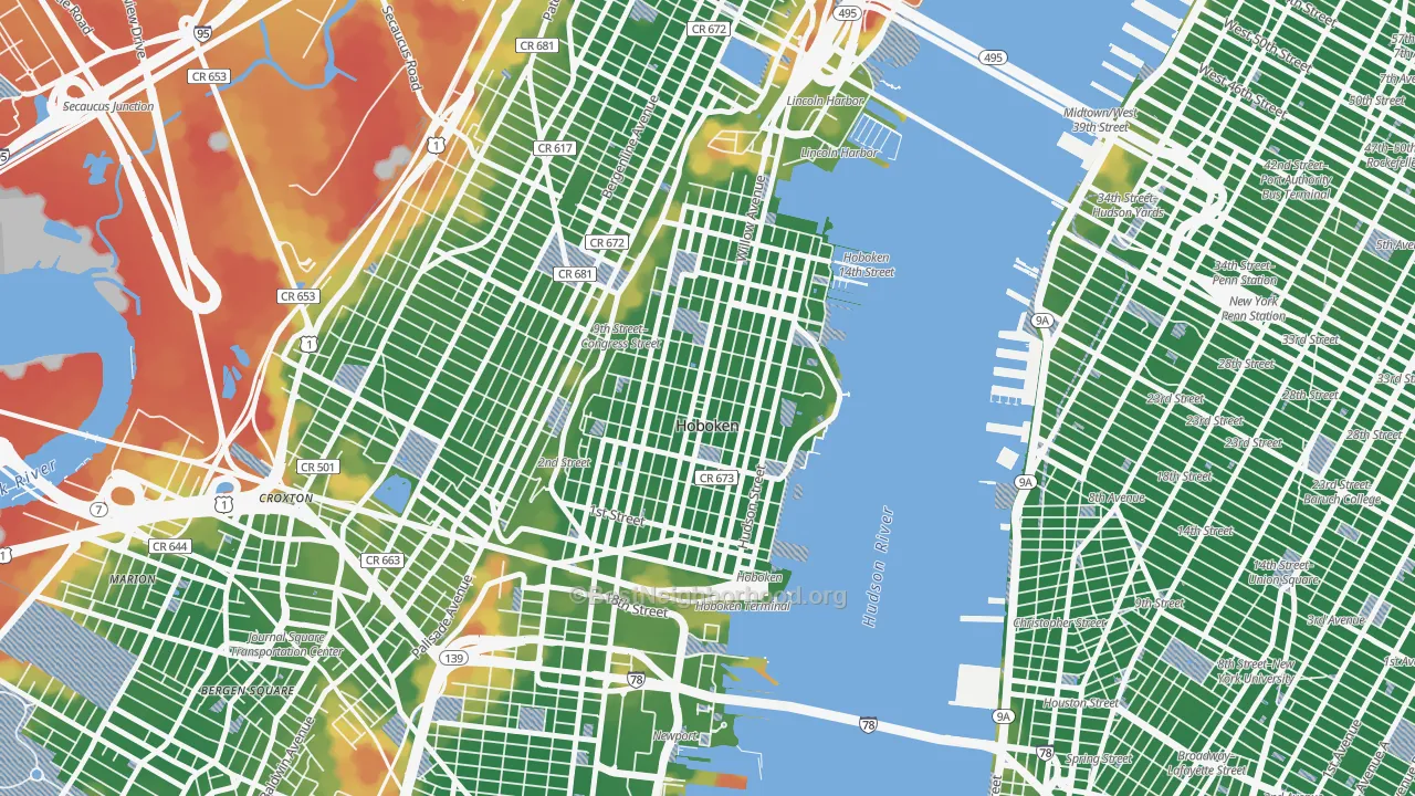 Walk Grade map of 07030, NJ, walkable areas in green and car-dependent areas in red