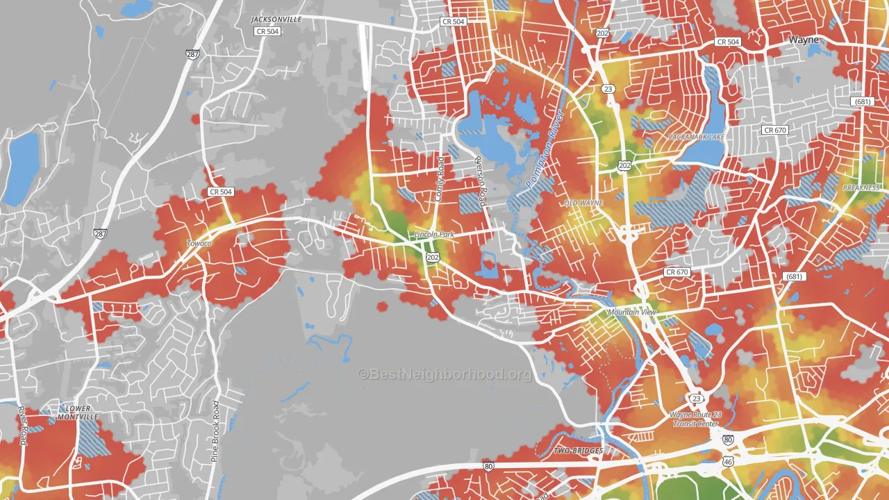 Walk Grade map of 07035, NJ, walkable areas in green and car-dependent areas in red