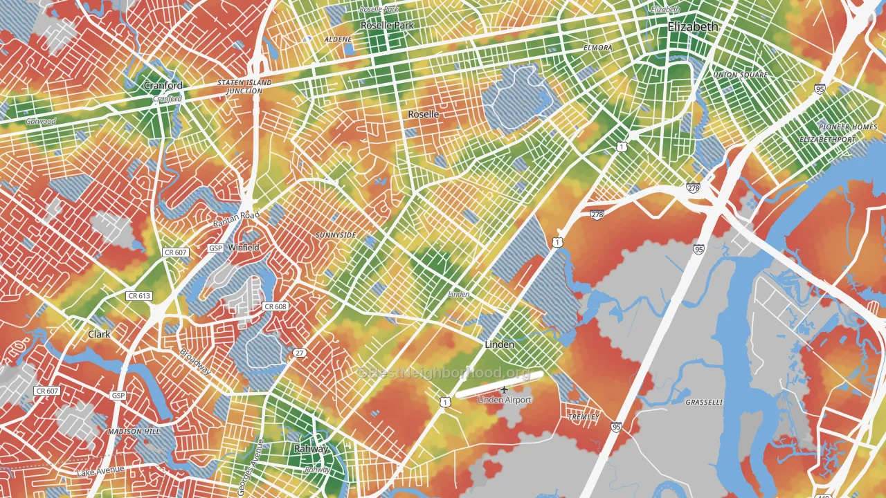 Walk Grade map of 07036, NJ, walkable areas in green and car-dependent areas in red
