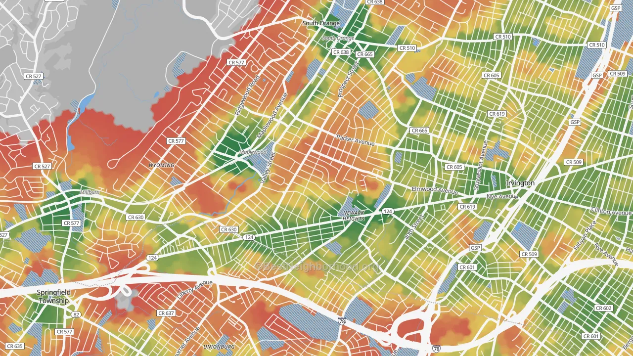 Walk Grade map of 07040, NJ, walkable areas in green and car-dependent areas in red